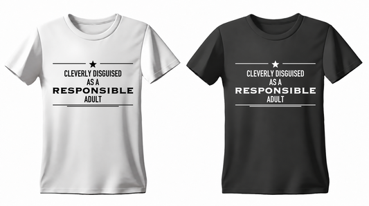 Cleverly Disguised as a Responsible Adult T-shirt — white and black
