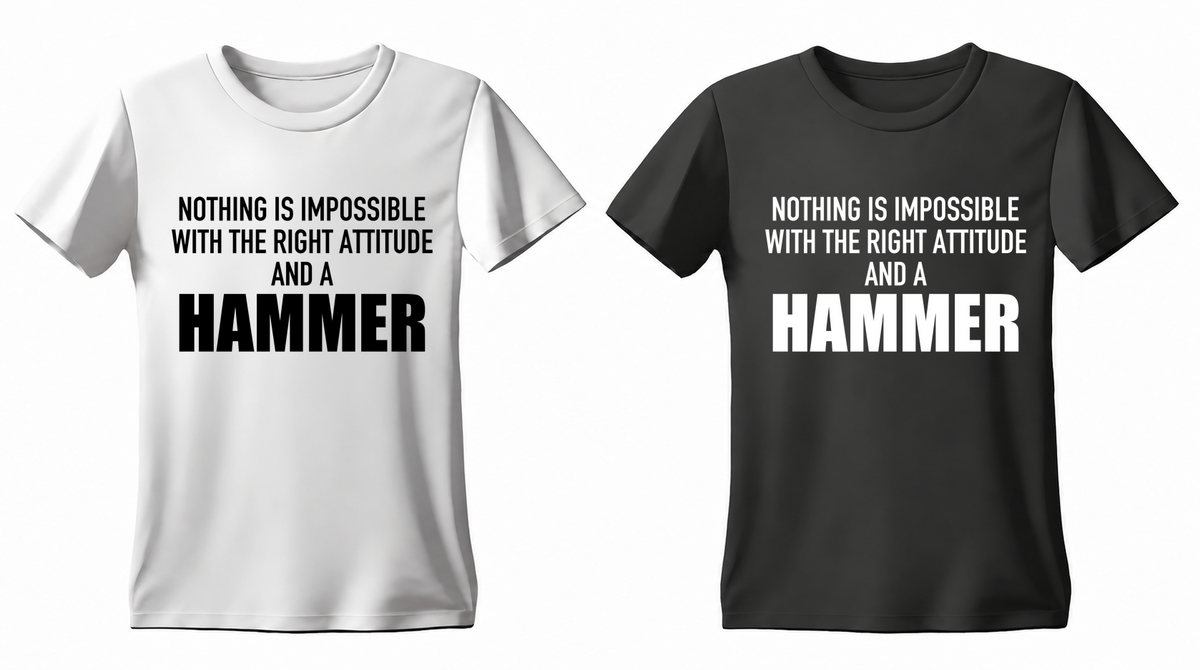 Nothing Is Impossible with the Right Attitude and a Hammer T-shirt — white and black