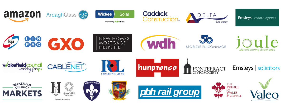 Customer logos: Amazon, Ardagh Glass, Wickes Solar, Caddick Construction, Delta De Lacy, Emsleys Estate Agents, KP Linpac, GXO, New Homes Mortgage Helpline, WDH, Stoelzle Flaconnage, Joule, Wakefield Council, Cablenet, Royal British Legion, Humprenco, Pontefract Civic Society, Emsleys Solicitors, Wakefield District Markets, Castleford Heritage Trust and Queen’s Mill, Wakefield Trinity, Pontefract Collieries, PBH Rail Group, The Prince of Wales Hospice and Valeo.