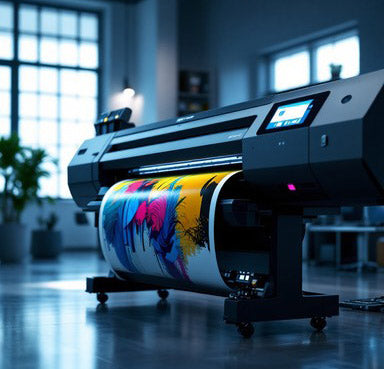 Colourful print emerging from a large-format printer