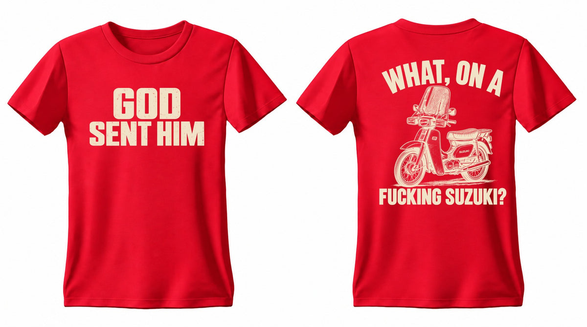 GOD SENT HIM Suzuki double-sided T shirt, Gildan RED, front and back