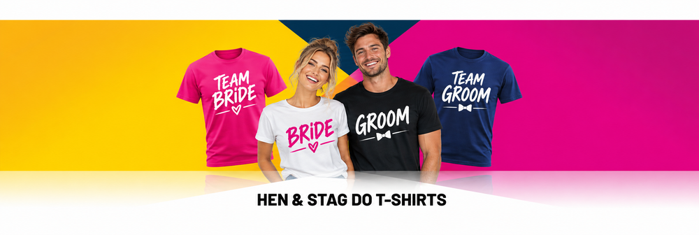 Personalised hen and stag do T-shirts, featuring Bride, Groom, Team Bride and Team Groom designs.