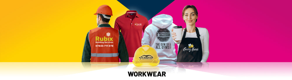 Branded workwear from Pontefract Print, including hi-vis clothing, polo shirts, hoodies and aprons.