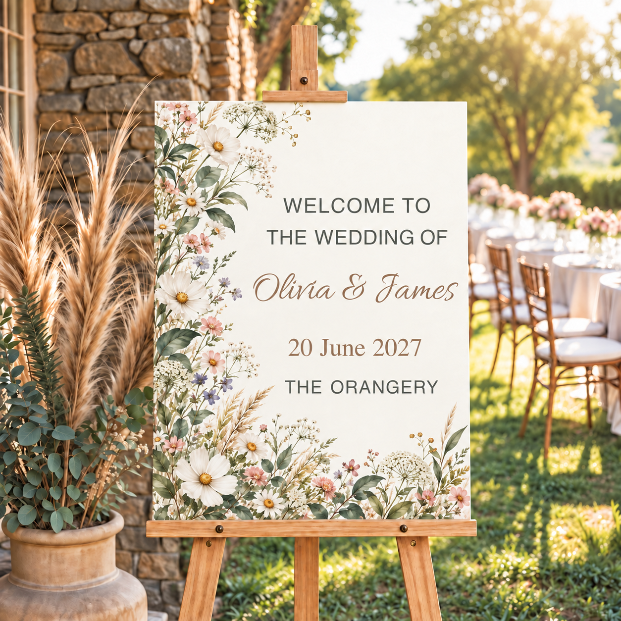 Personalised meadow floral welcome board on an oak easel at a garden wedding